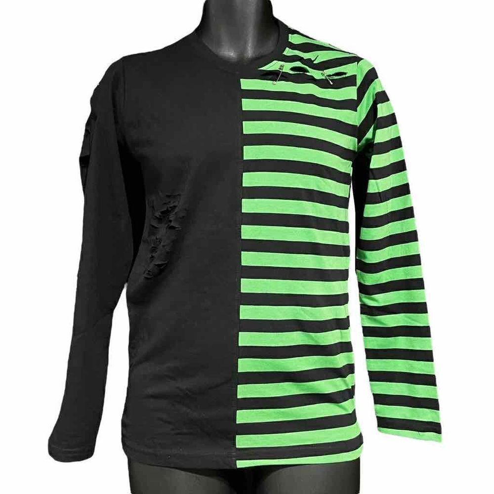 Custom Distressed Green & Black Striped Split Long Sleeve Shirt Men’s XS